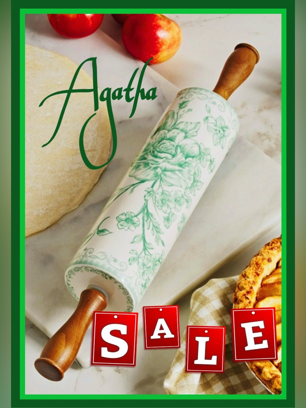 🌿Pioneer Woman Timeless Classic Green Agatha Stoneware Rolling Pin Acacia
